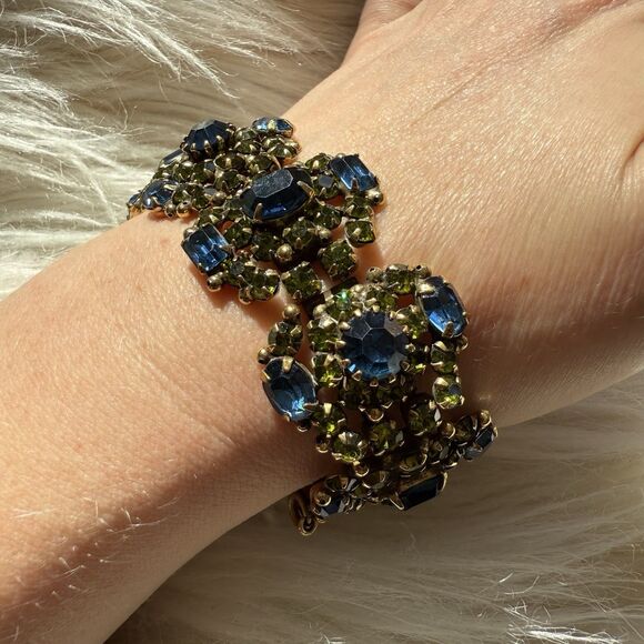 Vintage Kramer of NY Wide Runway Bracelet Green Blue Rhinestone Cluster Gorgeous - Picture 11 of 13